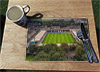 Wooden cork placemat showing Aerial Photograph of Rochdale - Spotland Stadium